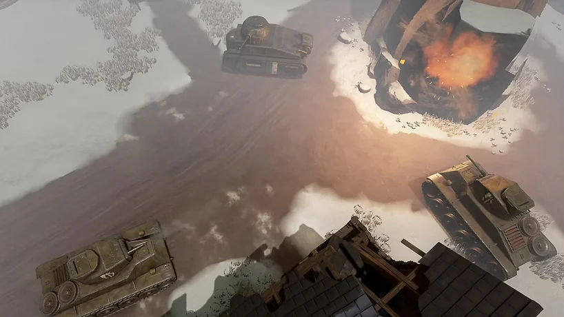 Foxhole winter tank battle near ruined buildings